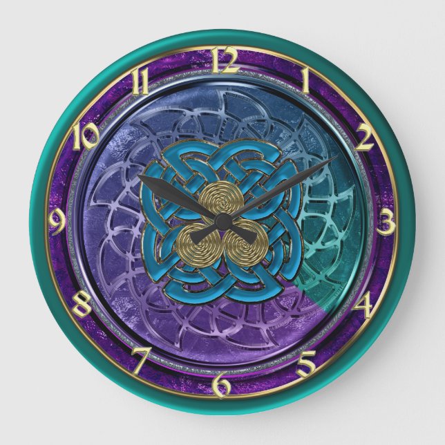 Lila Blue Green Gold Metallic Celtic Knocks Clock Große Wanduhr (Vorderseite)