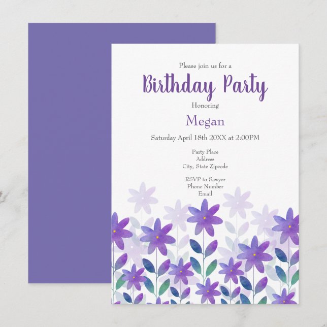 Lila Blue Green Watercolor Flower Garden Einladung (Vorne/Hinten)