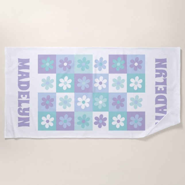 Lila Blue Groovy Daisy Strandtuch (Vorderseite)