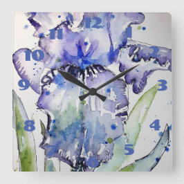 Lila Blue Iris Wasserfarben Malerei Blumenart Quadratische Wanduhr