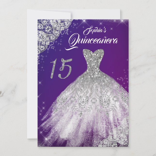 Lila Blue Lace Diamond Sparkle Gown Quinceanera Einladung (Vorderseite)
