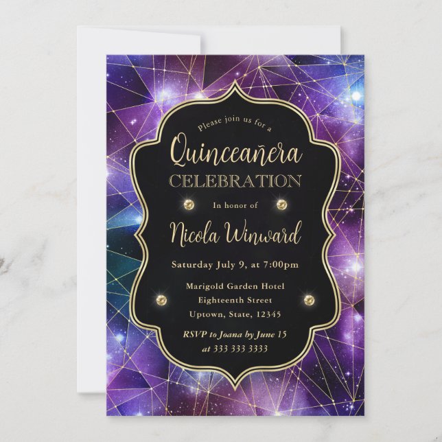 Lila & Blue Midnight Crystal Galaxy Quinceanera Einladung (Vorderseite)