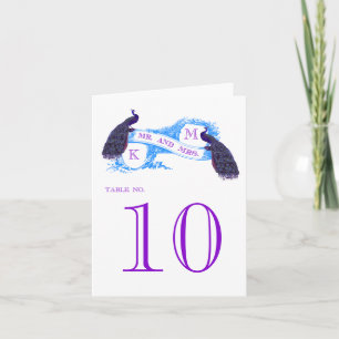 Lila, Blue Peacock Vintage Wedding Table Card Feiertagskarte
