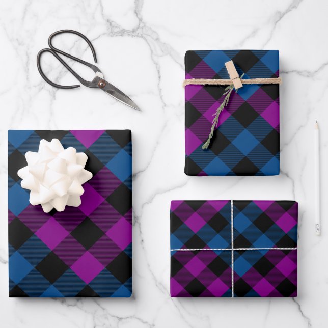 Lila & Blue Quilt Buffalo Karierter Urlaub Geschenkpapier Set (Vorderseite)