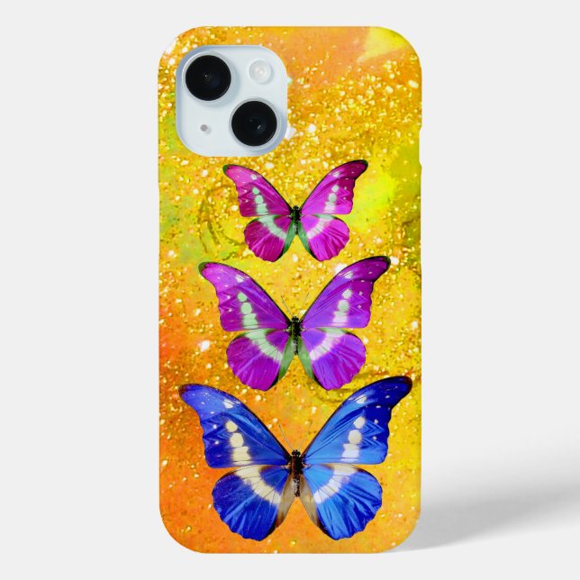 Lila BLUE-SCHALTFLÄCHEN IN GOLDGELBE iPhone 15 Hülle (Rückseite)