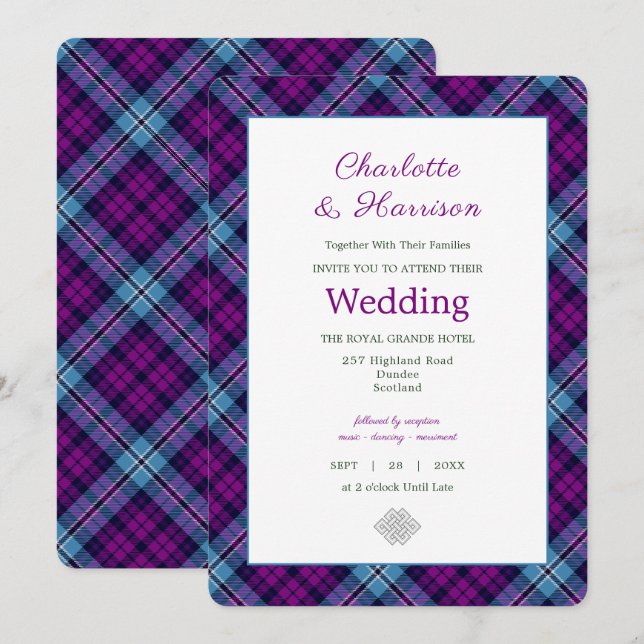 Lila Blue Scottish Tartan Kariert Wedding Einladung (Vorne/Hinten)