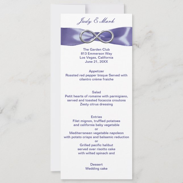 Lila Blue Silver Infinity Wedding Menu Card Einladung (Vorderseite)