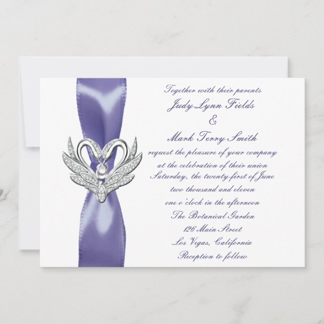 Lila Blue Silver Swans Hochzeitseinladung Einladung (Vorderseite)