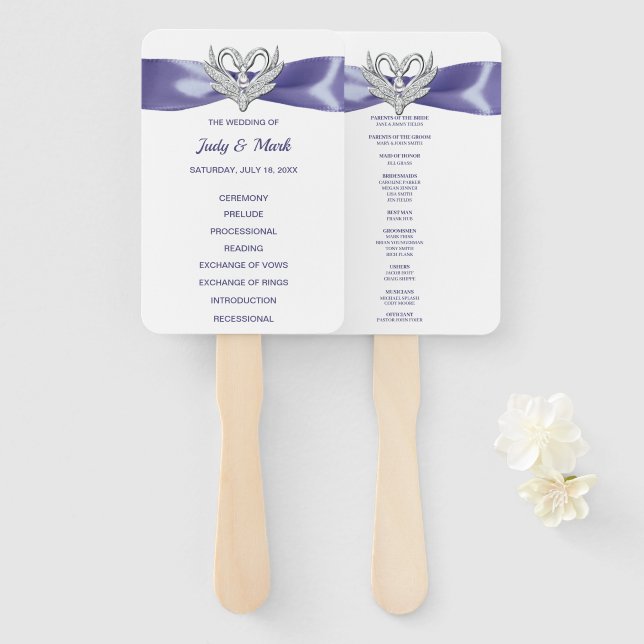 Lila Blue Silver Swans Hochzeitsprogramm Fans Fächer (Vorne und Hinten)