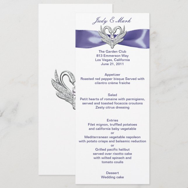 Lila Blue Silver Swans Wedelmenu Card Einladung (Vorne/Hinten)