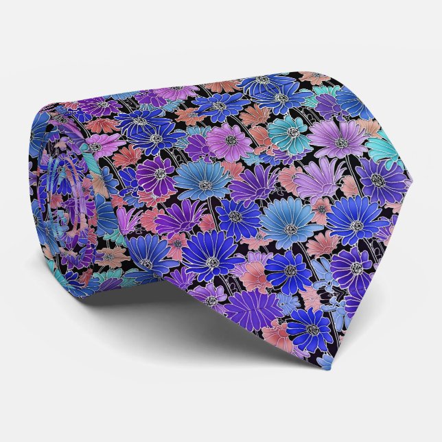 Lila Blue Tan Foral Muster Krawatte (Gerollt)