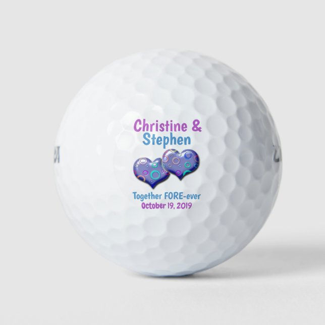Lila Blue Two Hearts Gastgeschenk Hochzeit Golfball (Vorderseite)