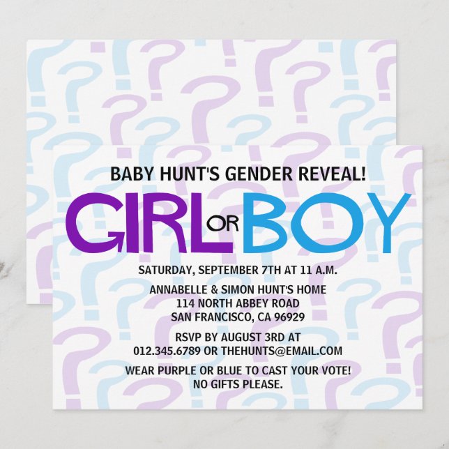 Lila-Blue-Typografie-Gender-Reveal-Party Einladung (Vorne/Hinten)