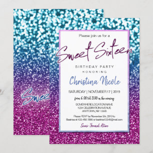 Lila Blue und Bokeh Lights Glam Sweet 16 Einladung