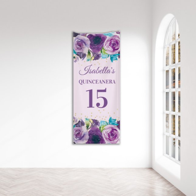 Lila Blue Watercolor Floral Quinceñera Banner (Von Creator hochgeladen)