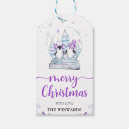 Lila & Blue Winter Penguins Snowglobe Weihnachten Geschenkanhänger