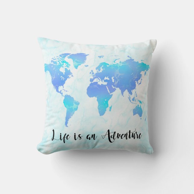 Lila & Blue World Map Life ist ein Abenteuer Kissen (Vorderseite)
