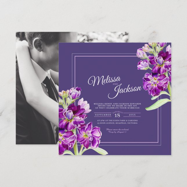 Lila Blume Aquarell und Foto Hochzeit Einladung (Vorne/Hinten)