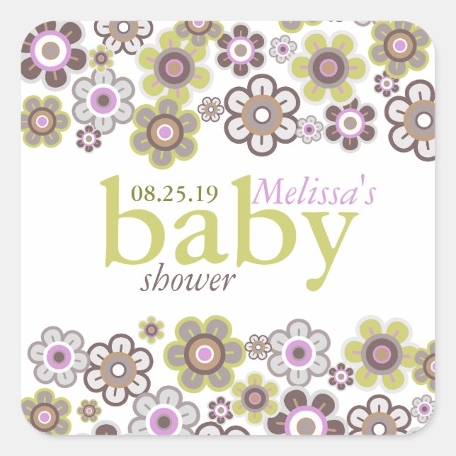 Lila Blume Blooms Baby Duschgiftmarke Quadratischer Aufkleber (Vorderseite)