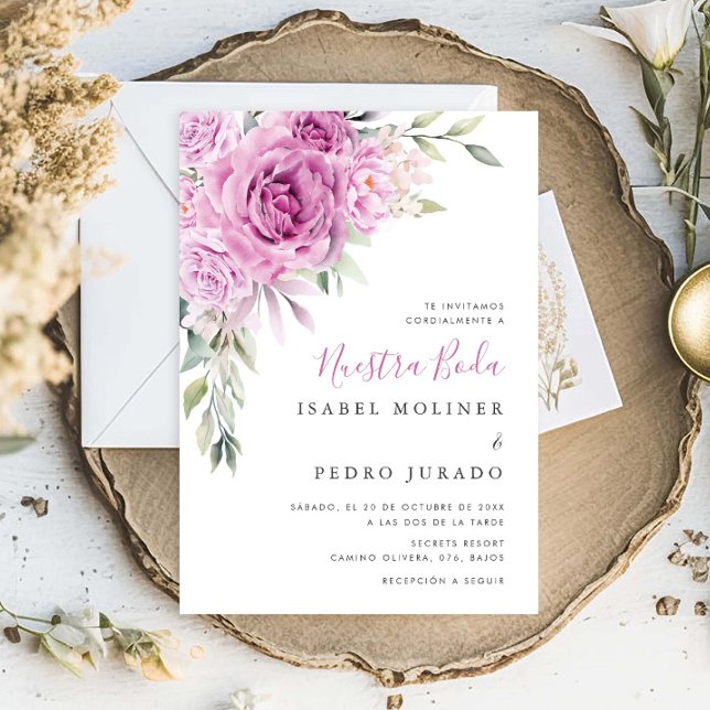 Lila Blume Bouquet Nuestra Boda Einladung (Von Creator hochgeladen)