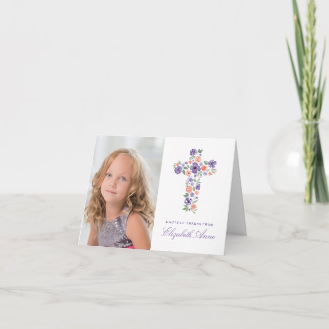 Lila Blume Cross First Communation Vielen Dank Dankeskarte (Vorderseite)