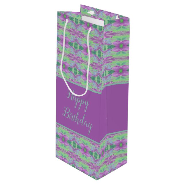 Lila Blume Gemusterte Weinbeutel Geschenktüte Für Weinflaschen (Vorderseite Schrägansicht)