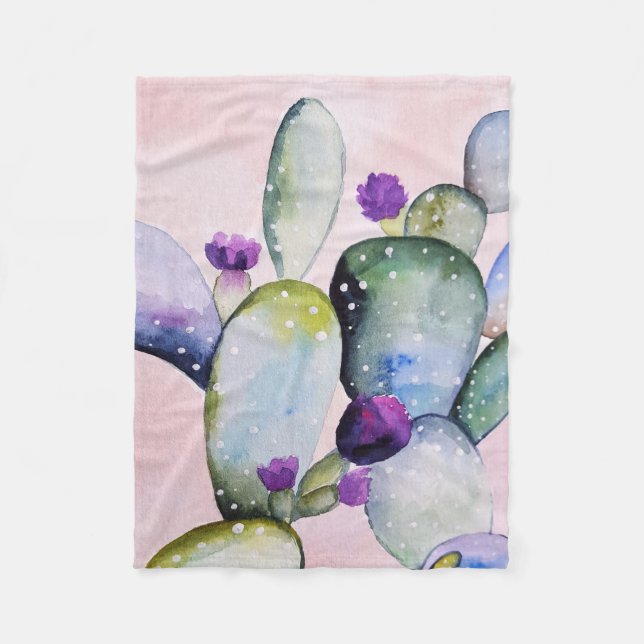 Lila Blume Kaktus (Nopal) Fleecedecke (Vorderseite)