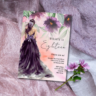 Lila Blume Lady in Long Gown 18. Geburtstag Einladung