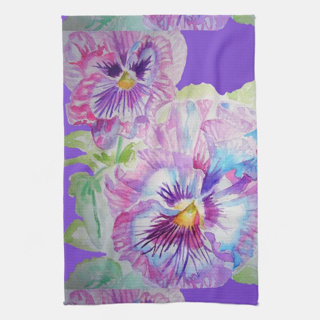 Lila Blume Pansy Blumenstrauß Wasserfarben Teetuch Geschirrtuch (Vertikal)