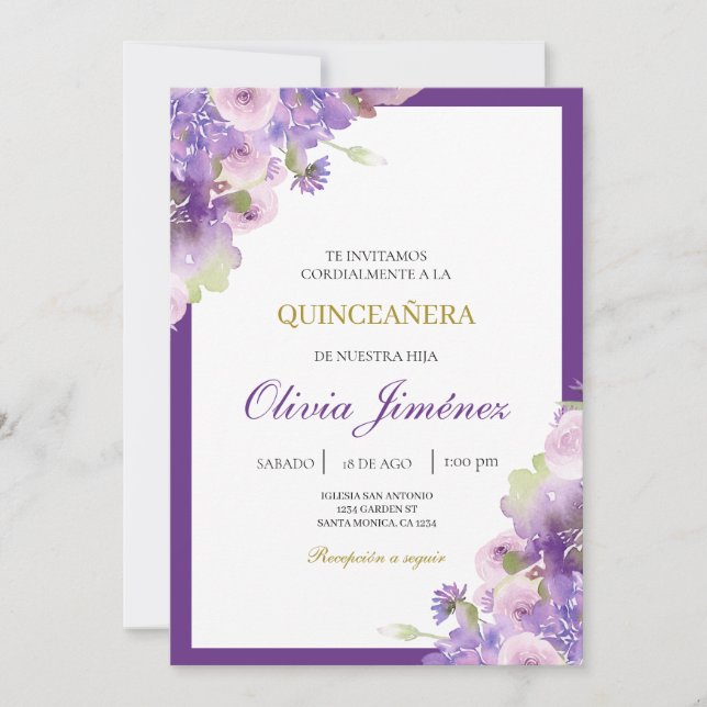 Lila Blume quinceañera Einladung (Vorderseite)
