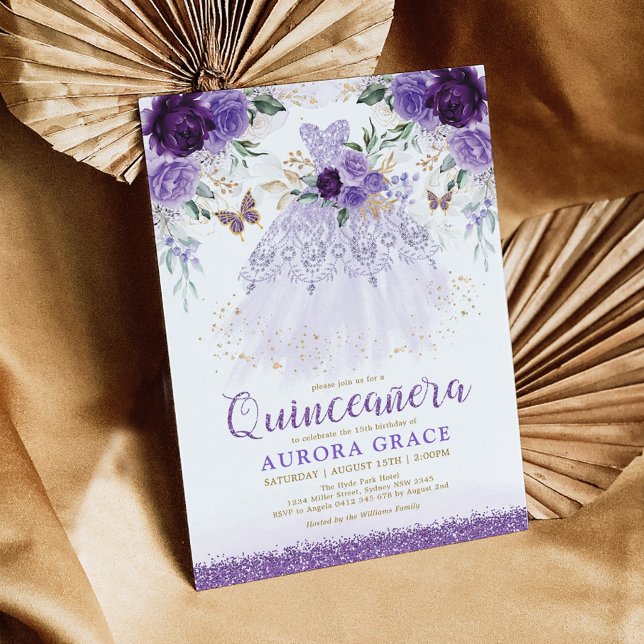 Lila Blume Quinceañera Prinzessin Dress Butterfly Einladung (Von Creator hochgeladen)