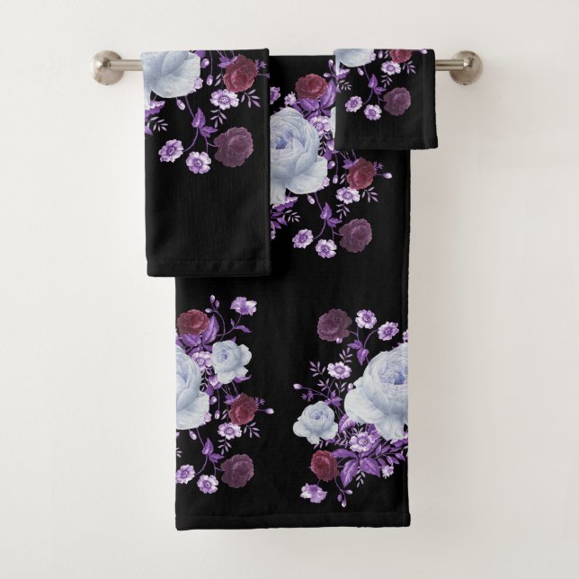 LILA-BLUME, SCHWARZER HINTERGRUND BADHANDTUCH SET (Insitu)