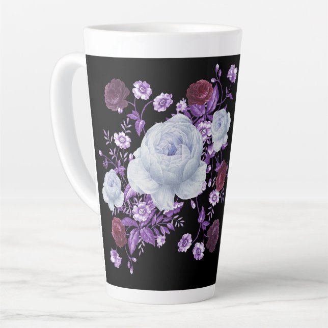 LILA-BLUME, SCHWARZER HINTERGRUND MILCHTASSE (Linke Ecke)