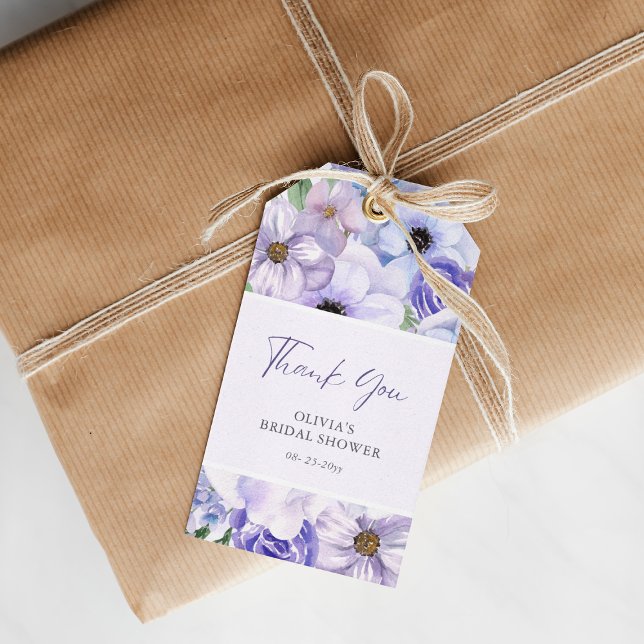 Lila Blume Script Brautparty Vielen Dank Geschenkanhänger (Purple Flower Script Bridal Shower Thank You Gift Tags)