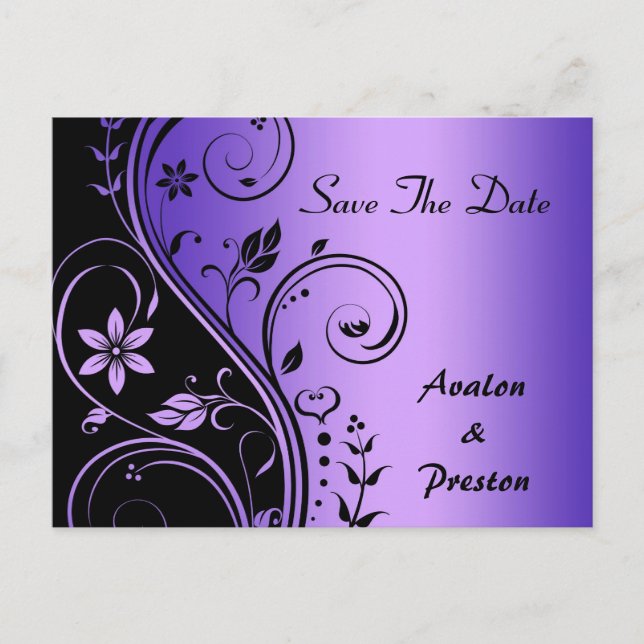 Lila Blume-Scrollwork-Save the Date-Karte Ankündigungspostkarte (Vorderseite)