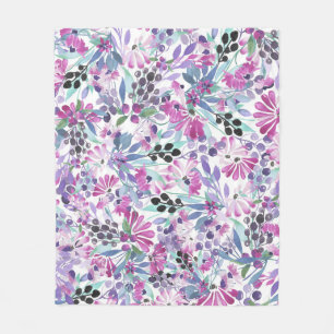 Lila Blumen & Berries: Aquarell Fleecedecke