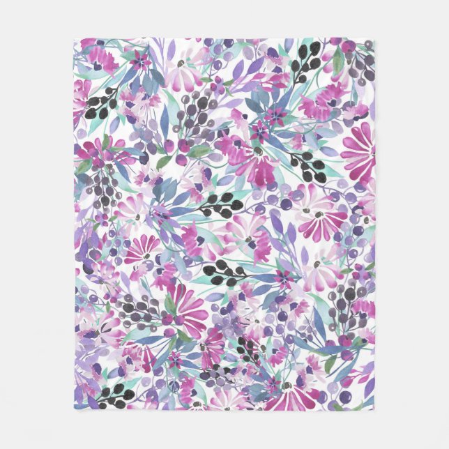 Lila Blumen & Berries: Aquarell Fleecedecke (Vorderseite)