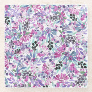 Lila Blumen & Berries: Aquarell Glasuntersetzer