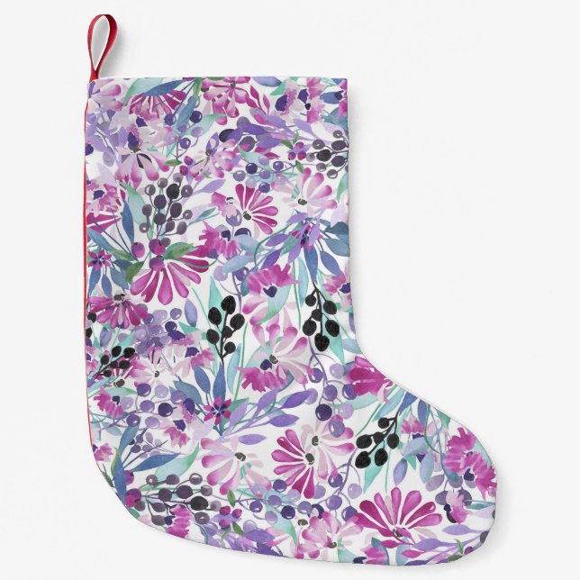 Lila Blumen & Berries: Aquarell Kleiner Weihnachtsstrumpf (Vorderseite)