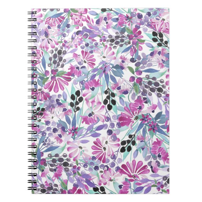 Lila Blumen & Berries: Aquarell Notizblock (Vorderseite)