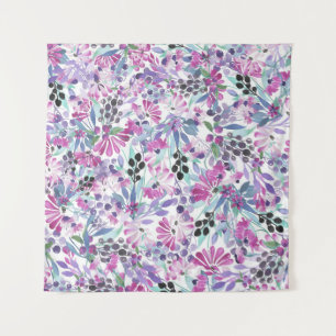 Lila Blumen & Berries: Aquarell Wandteppich