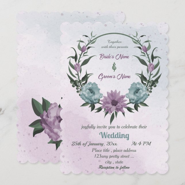 lila Blumen botanische Hochzeit Einladung (Vorne/Hinten)