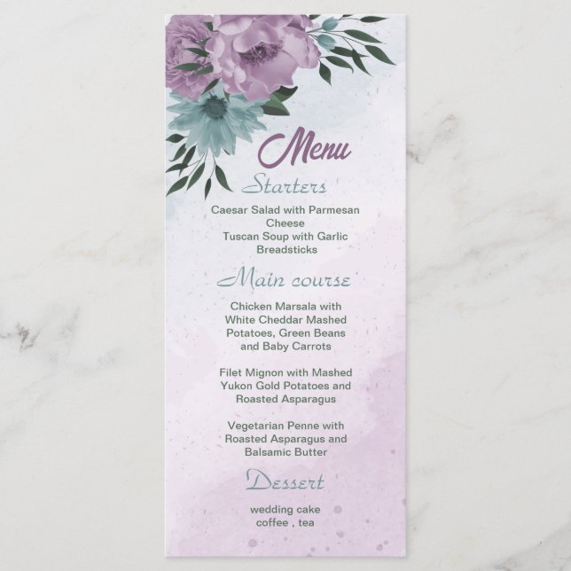 lila Blumen botanische Hochzeit Menükarte (Vorderseite)