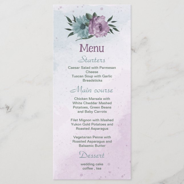 lila Blumen botanische Hochzeit Menükarte (Vorderseite)