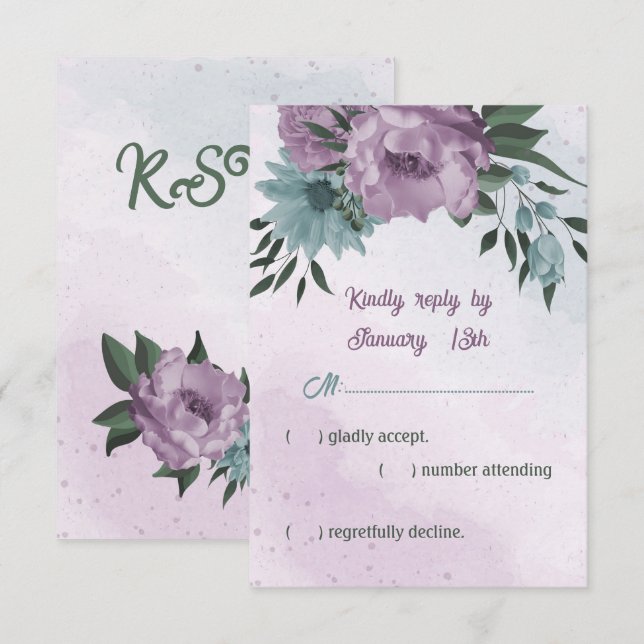 lila Blumen botanische Hochzeit RSVP Karte (Vorne/Hinten)
