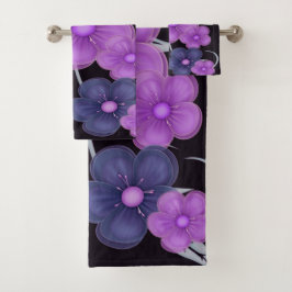lila Blumen des Wasserfarbschwarzen Badhandtuch Set