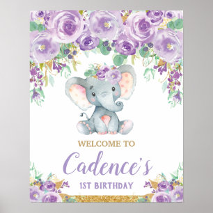Lila Blumen-Elefant 1. Geburtstag Mädchen Willkomm Poster