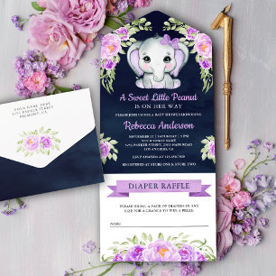 Lila Blumen-Elefant in Marineblau - Babyparty All In One Einladung