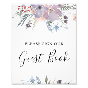Lila Blumen Gästebuch Schild. Botanische Hochzeit Fotodruck