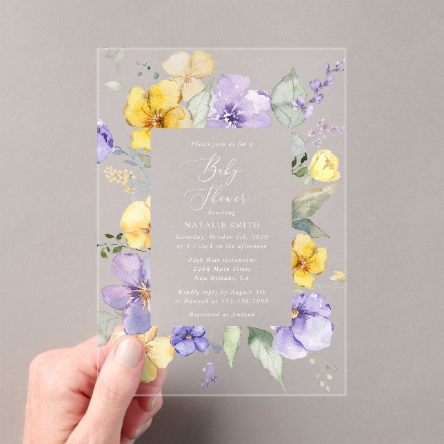 Lila Blumen, gelbe Blumen, Boho, Babydusche Acryleinladungen (Insitu (Handheld))